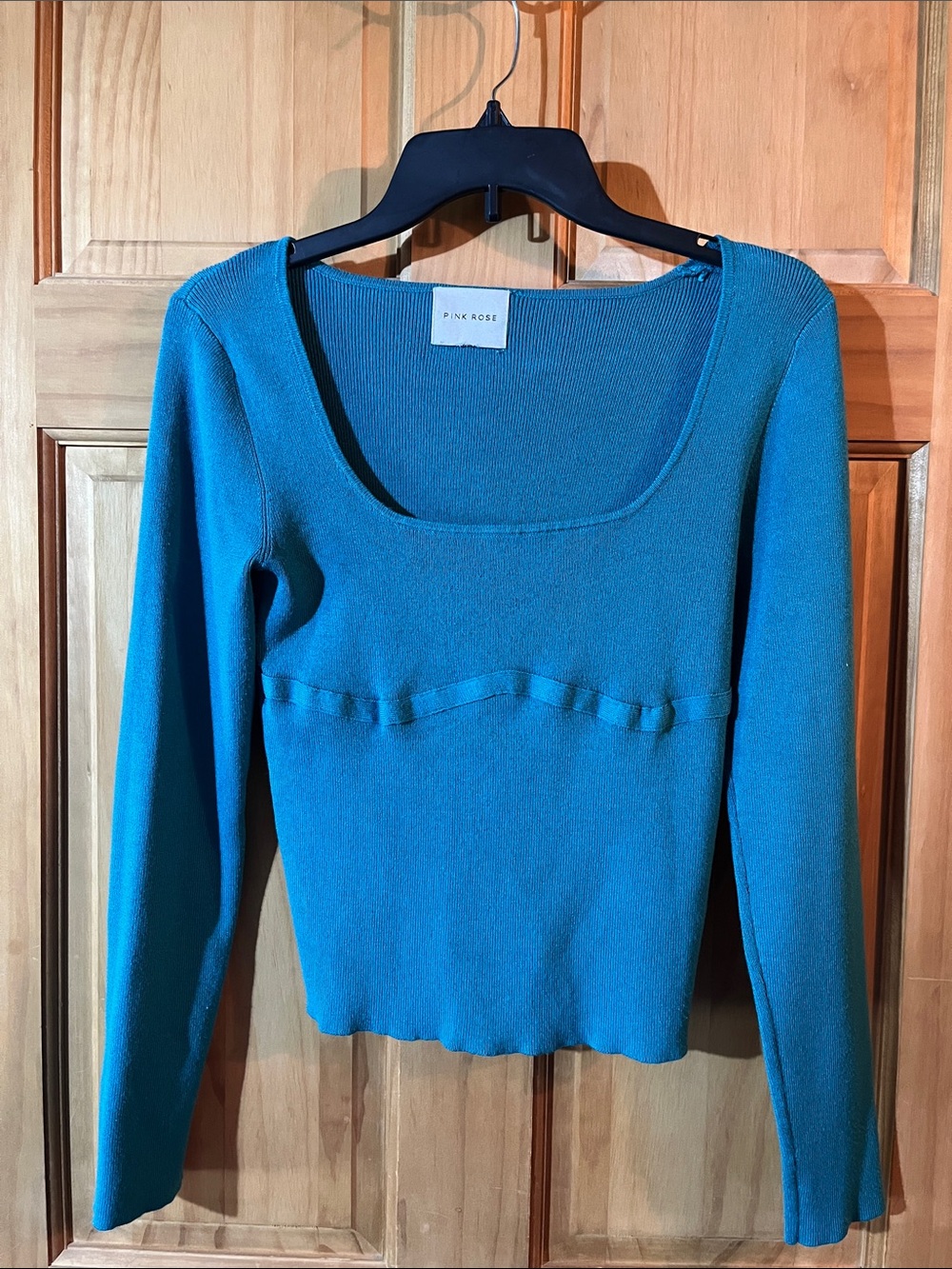 Pink Rose Teal Long Sleeve Square Neck Ribbed Top